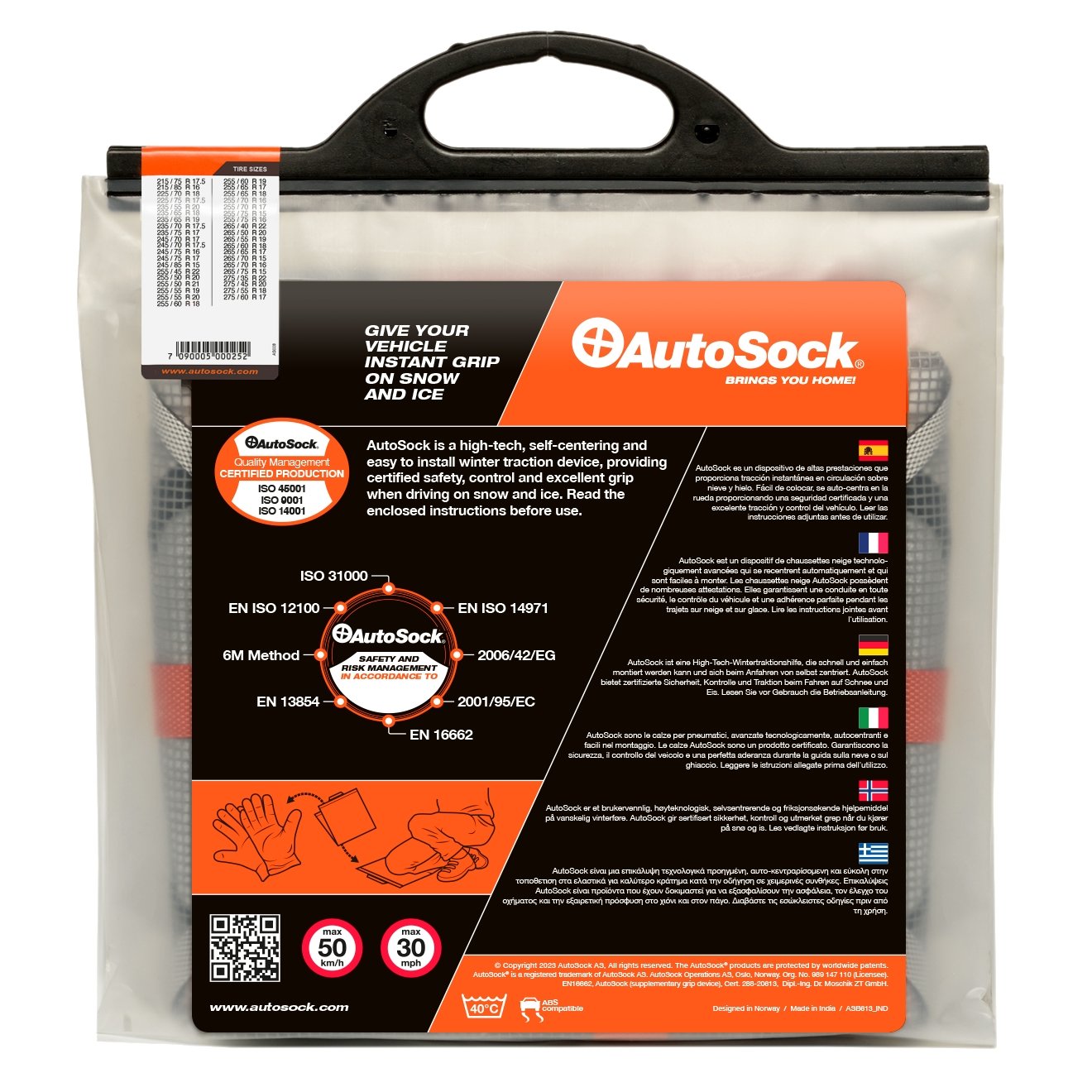 Produktverpackung von AutoSock für Personenkraftwagen HP698 HP 698 (Rückseite)