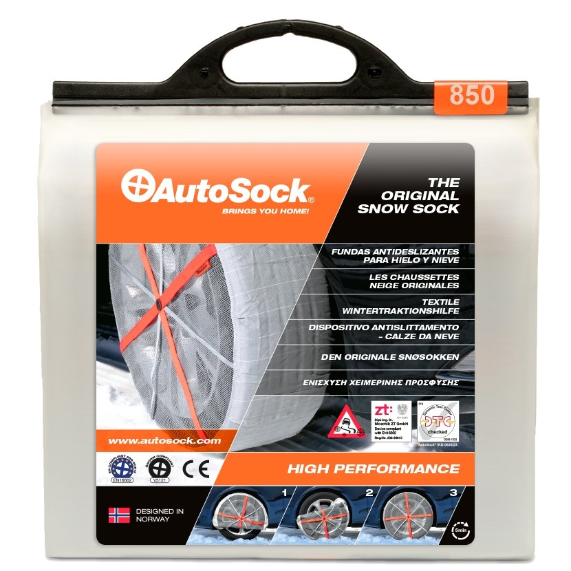 Produktverpackung von AutoSock HP 850 HP850 für PKW und leichte Nutzfahrzeuge (Vorderseite)