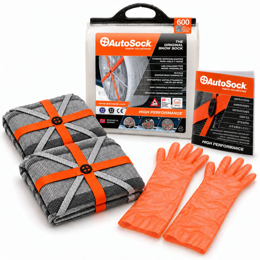 Das AutoSock Modell HP600 enthält zwei Schneesocken, ein Paar Handschuhe, eine Bedienungsanleitung und die Produktverpackung