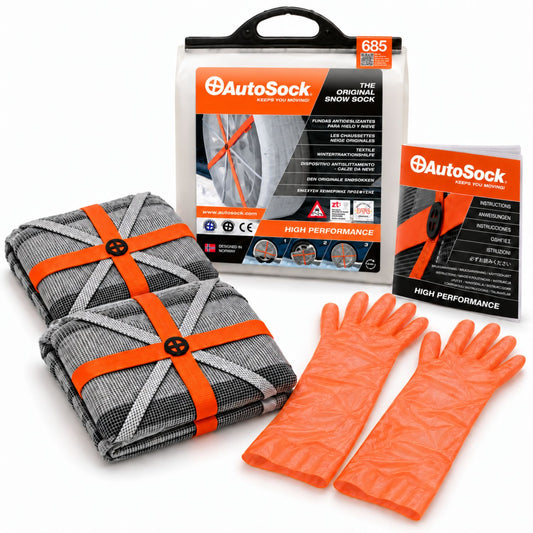 Das AutoSock Modell HP685 enthält zwei Schneesocken, ein Paar Handschuhe, eine Bedienungsanleitung und die Produktverpackung