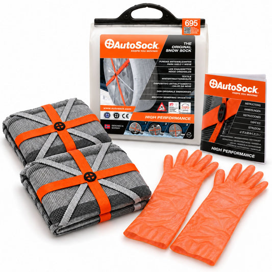 Das AutoSock Modell HP695 enthält zwei Schneesocken, ein Paar Handschuhe, eine Bedienungsanleitung und die Produktverpackung