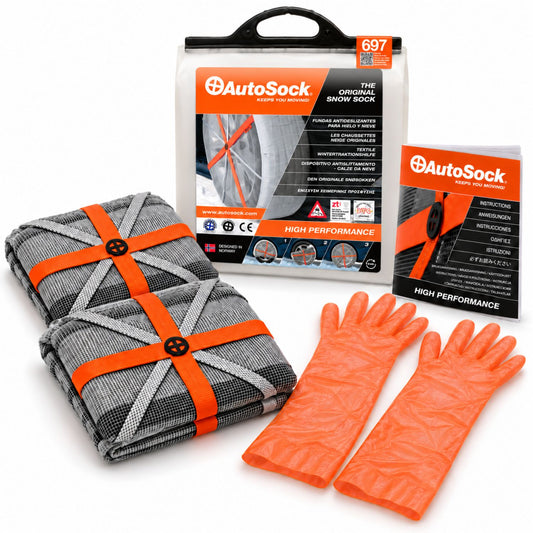 Das AutoSock Modell HP697 enthält zwei Schneesocken, ein Paar Handschuhe, eine Bedienungsanleitung und die Produktverpackung