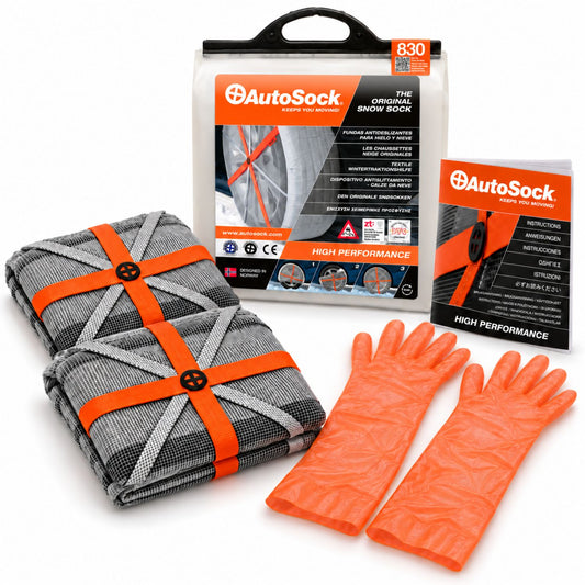 Das AutoSock Modell HP830 enthält zwei Schneesocken, ein Paar Handschuhe, eine Bedienungsanleitung und die Produktverpackung